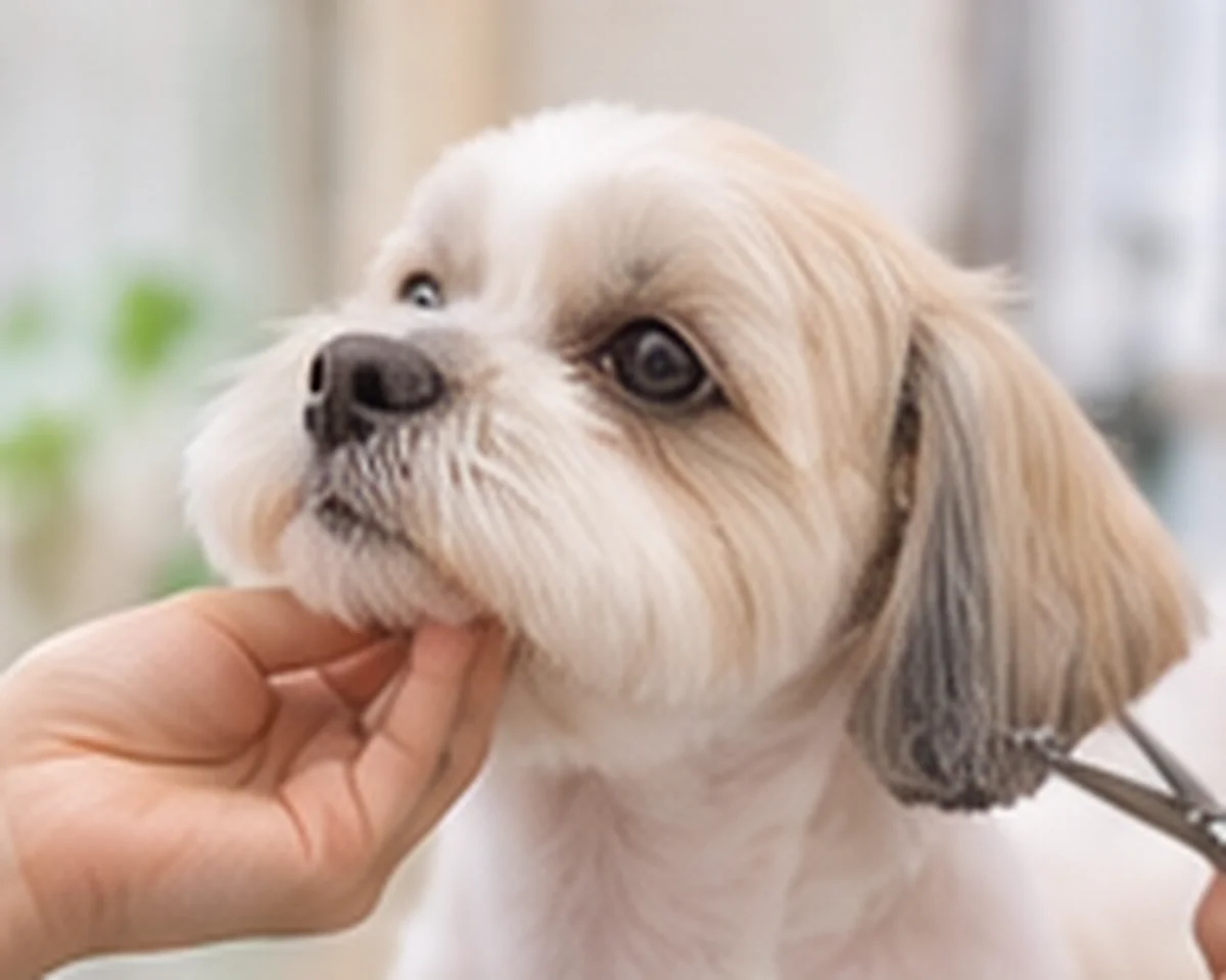 イメージ写真:トリミング中の白とベージュの小型犬
