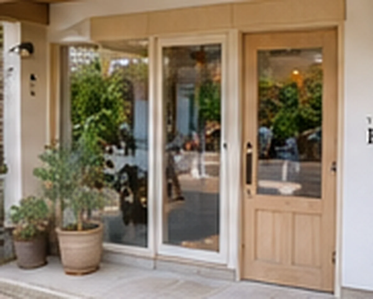 イメージ写真：木製扉と植栽のある店舗外観のイメージ