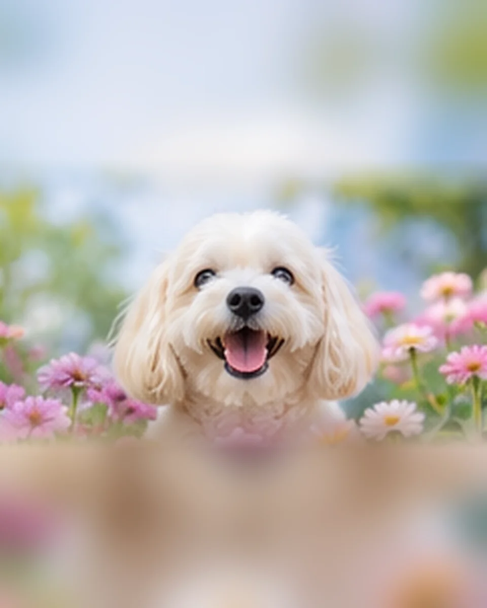 イメージ写真：お花に囲まれた白い犬