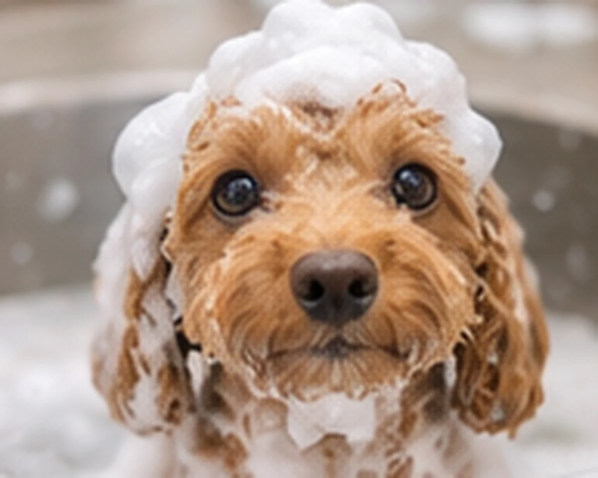 イメージ写真：シャンプー中の茶色い小型犬